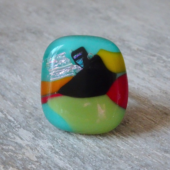 Artsy Iridescent Unique Colorful Dichroic Handblown Glass Square Statement Ring - Picture 6 of 8